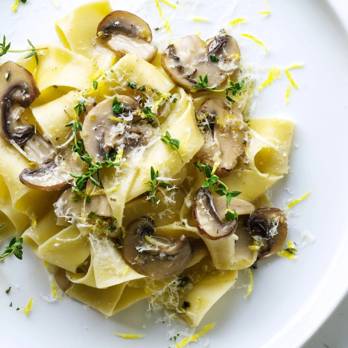 Steaming bowl of garlic butter mushroom pappardelle topped with grated Parmesan and herbs