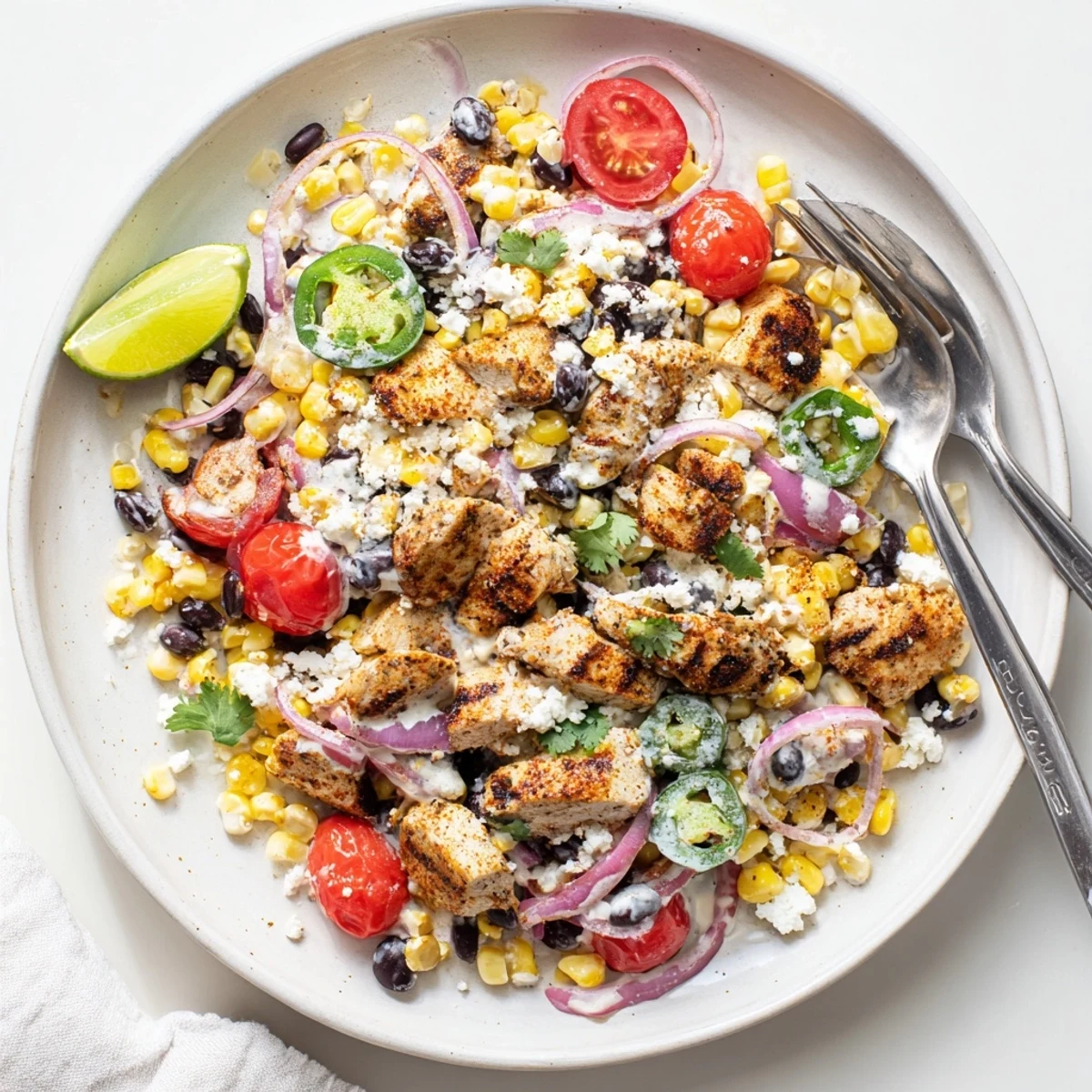 Golden grilled chicken tossed with sweet corn, black beans, and creamy Greek yogurt dressing in a vibrant street corn salad bowl