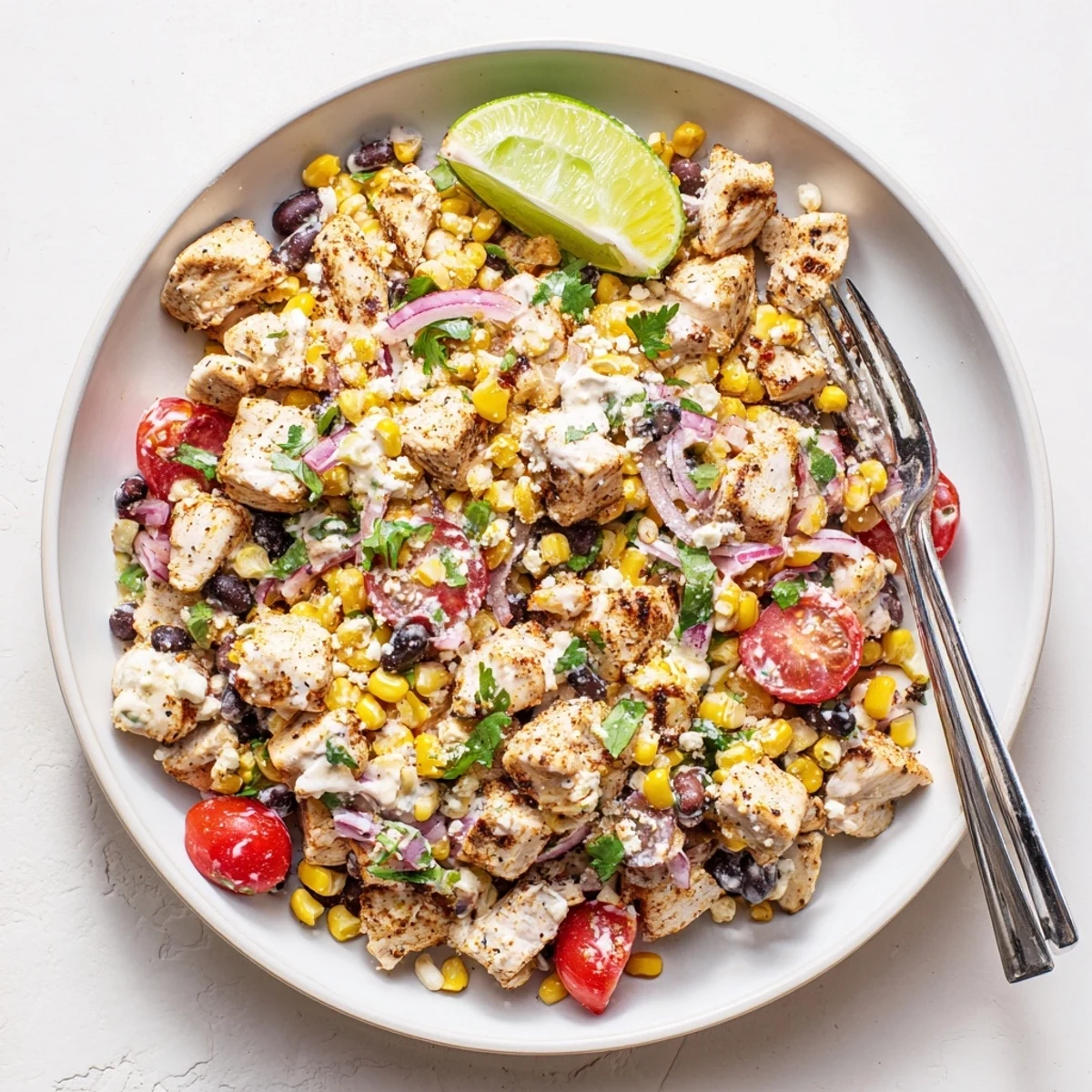 Fresh salad bowl loaded with spiced grilled chicken, sweet corn, black beans, and tangy cotija cheese atop crisp vegetables