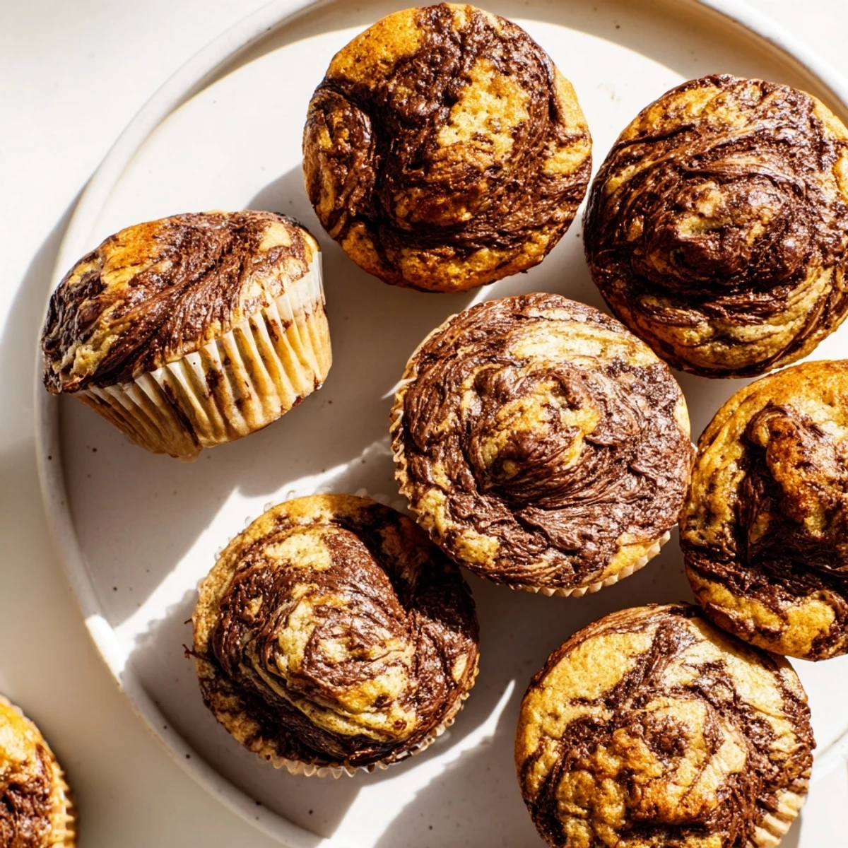 Freshly baked Nutella banana muffins with chocolate hazelnut swirl on a wire rack