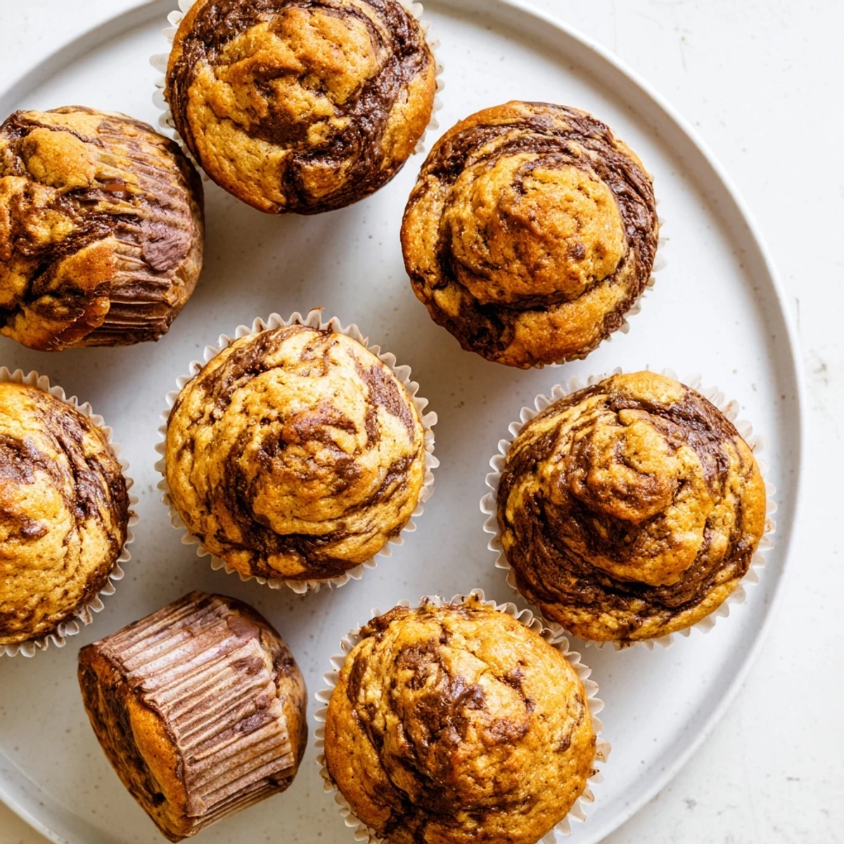 Golden Nutella banana muffins cooling in pan with gooey chocolate ribbons on top