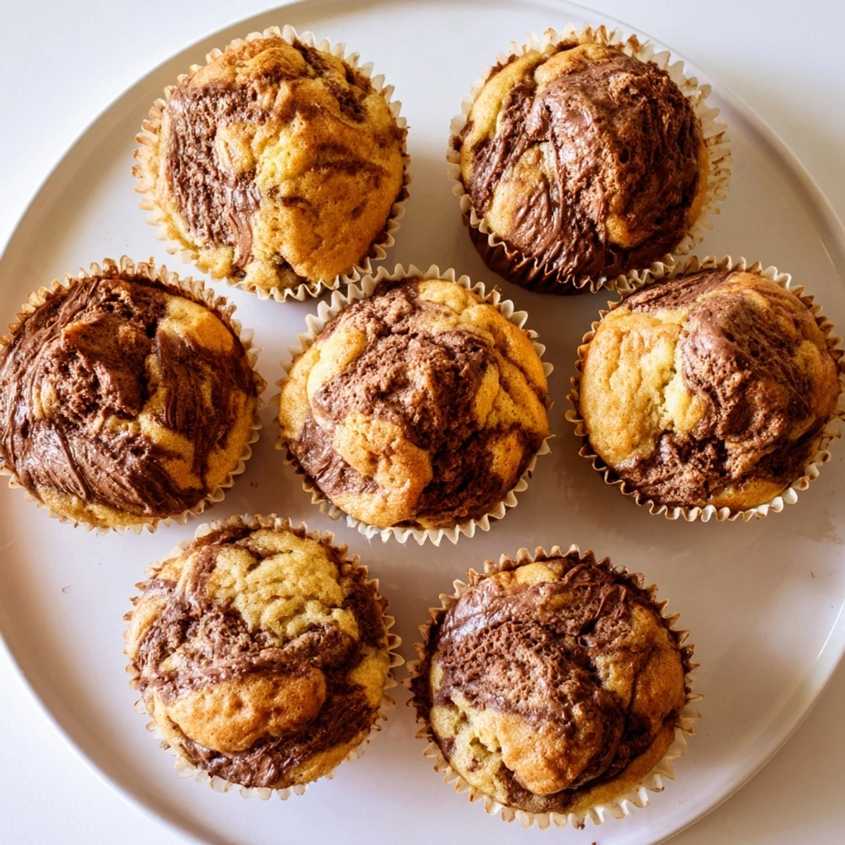 Moist banana muffins topped with melted Nutella swirl, perfect for breakfast or dessert