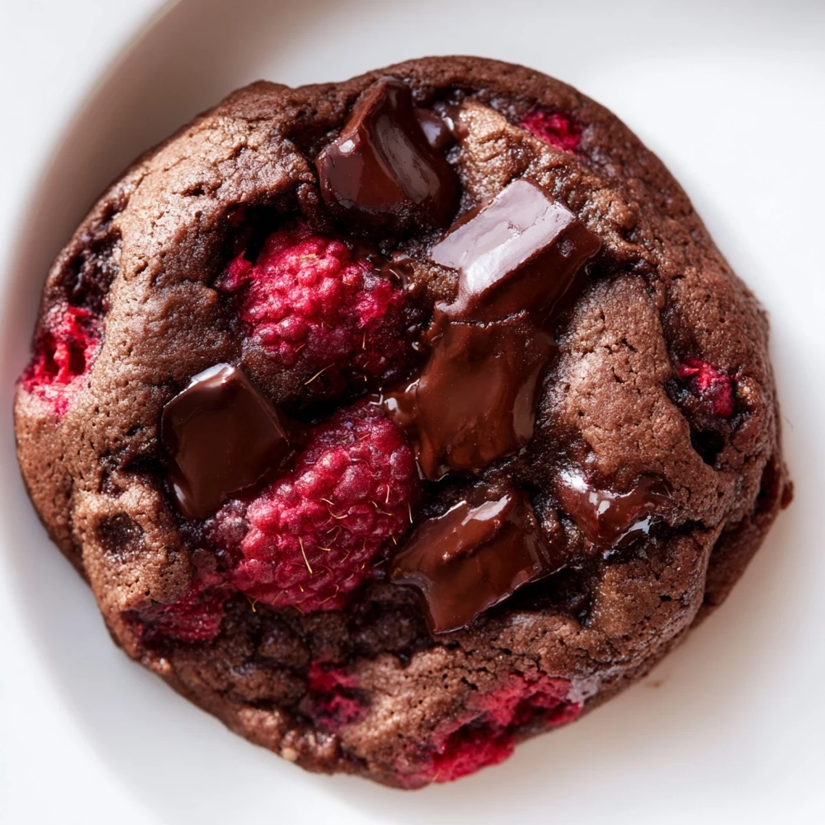 Freshly baked dark chocolate raspberry cookies with melted chocolate chunks and juicy berries on a cooling rack