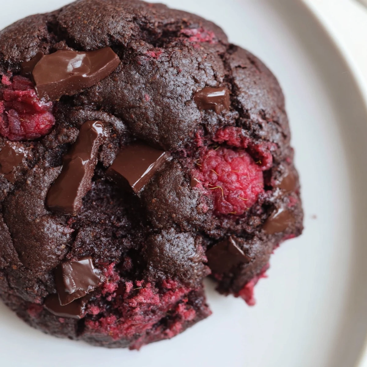 Warm dark chocolate raspberry cookies showing rich cocoa dough studded with tart red berry pieces