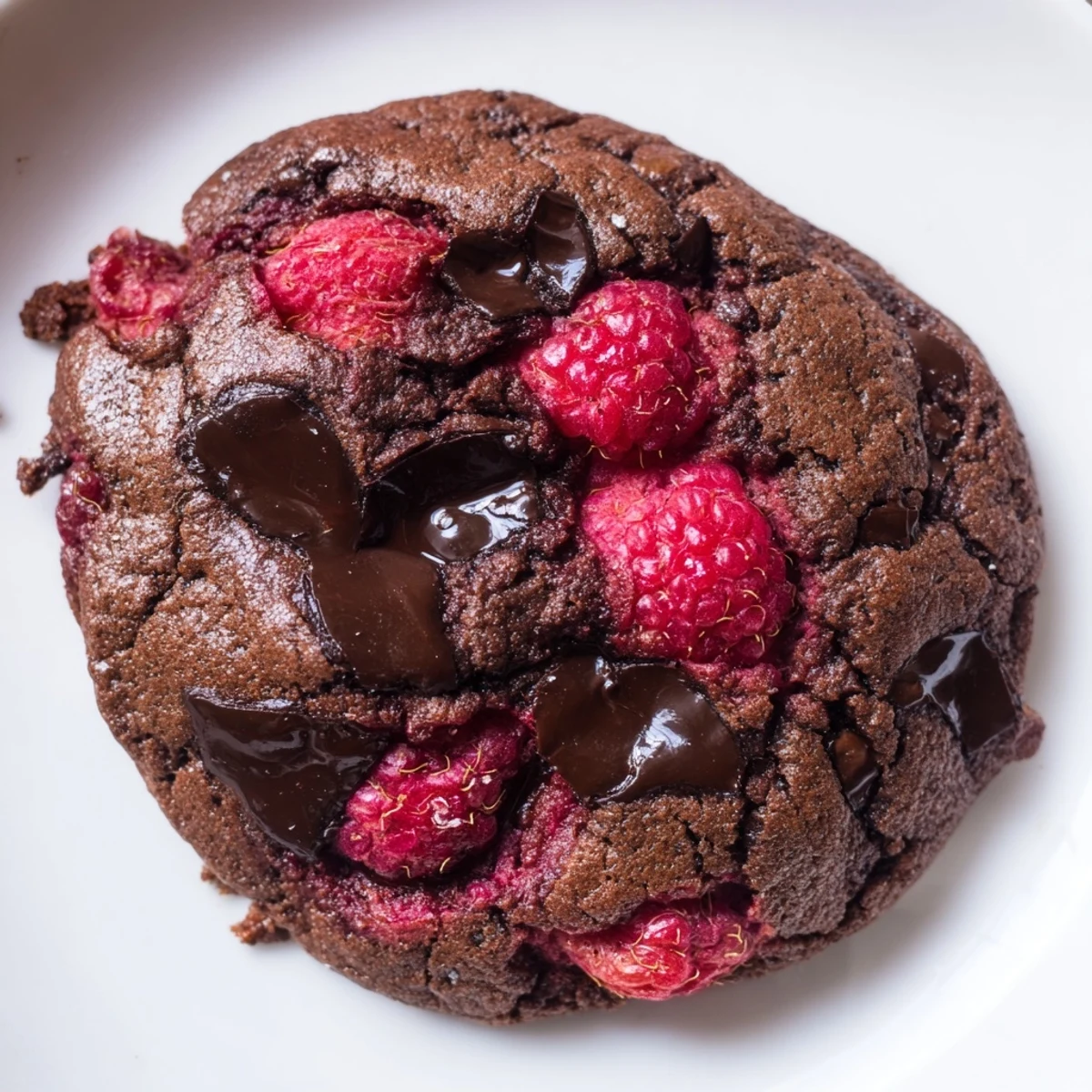 Chewy dark chocolate raspberry cookies stacked on a wooden board with whole raspberries nearby