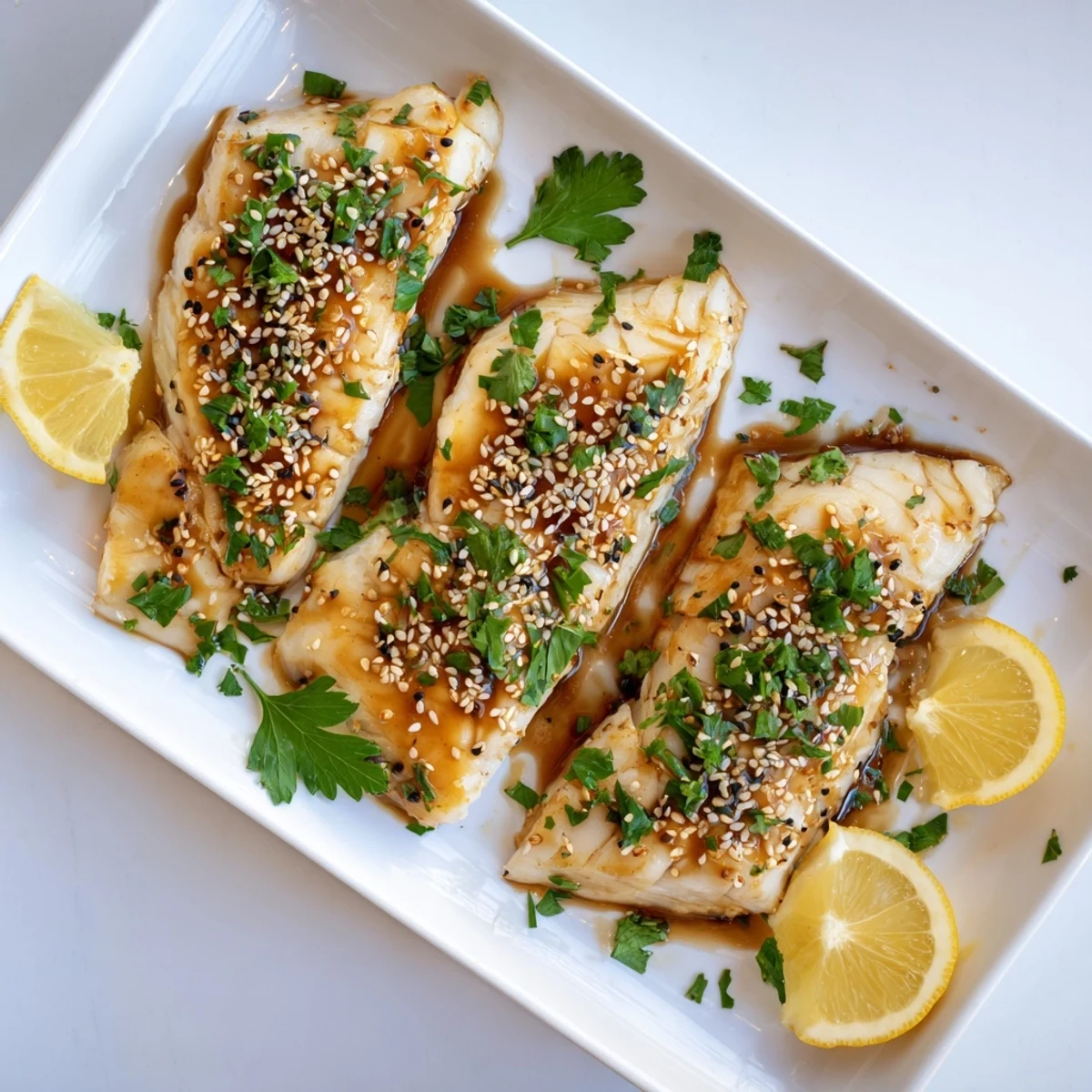 Golden baked cod fillets glazed with honey soy marinade, garnished with sesame seeds and fresh herbs