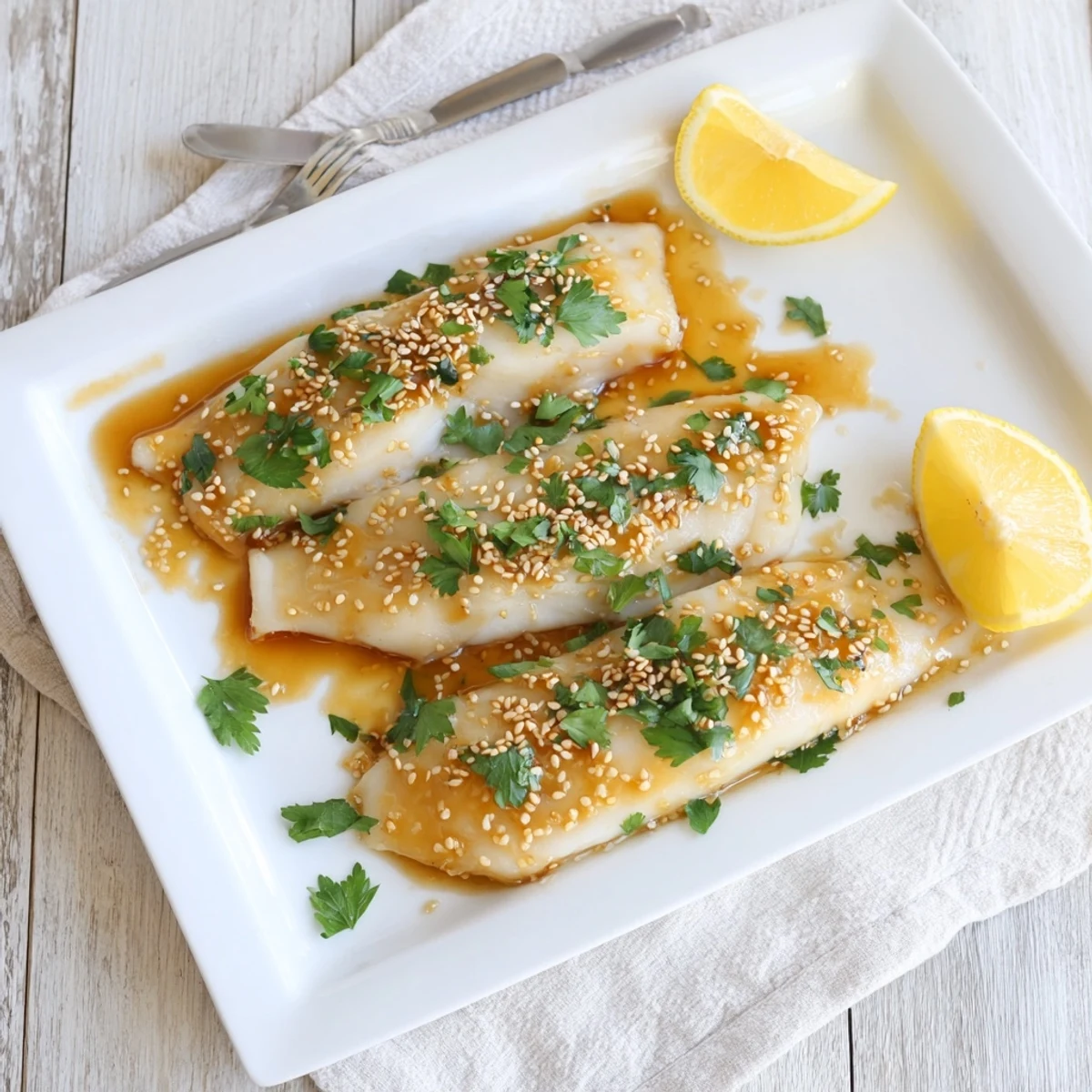 Flaky white cod pieces marinated in sweet savory honey soy sauce, served with lemon wedges on white plate
