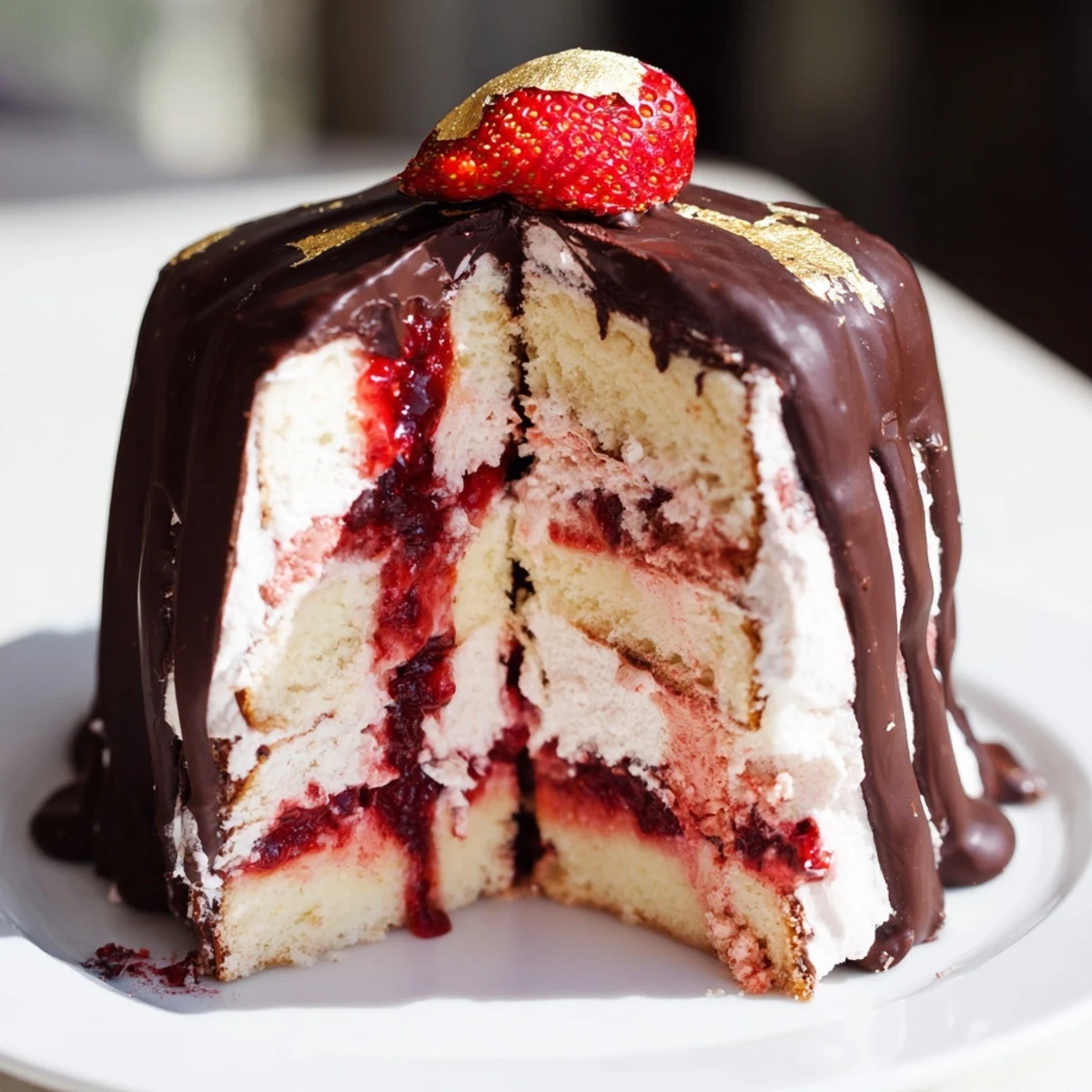 Glossy strawberry chocolate shell cake showcasing dark chocolate drip over whipped cream layers