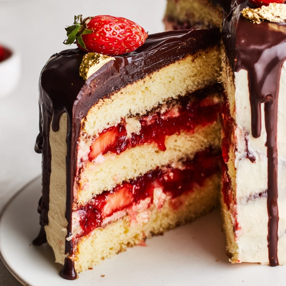 Elegant strawberry chocolate shell cake decorated with fresh berries on white serving plate