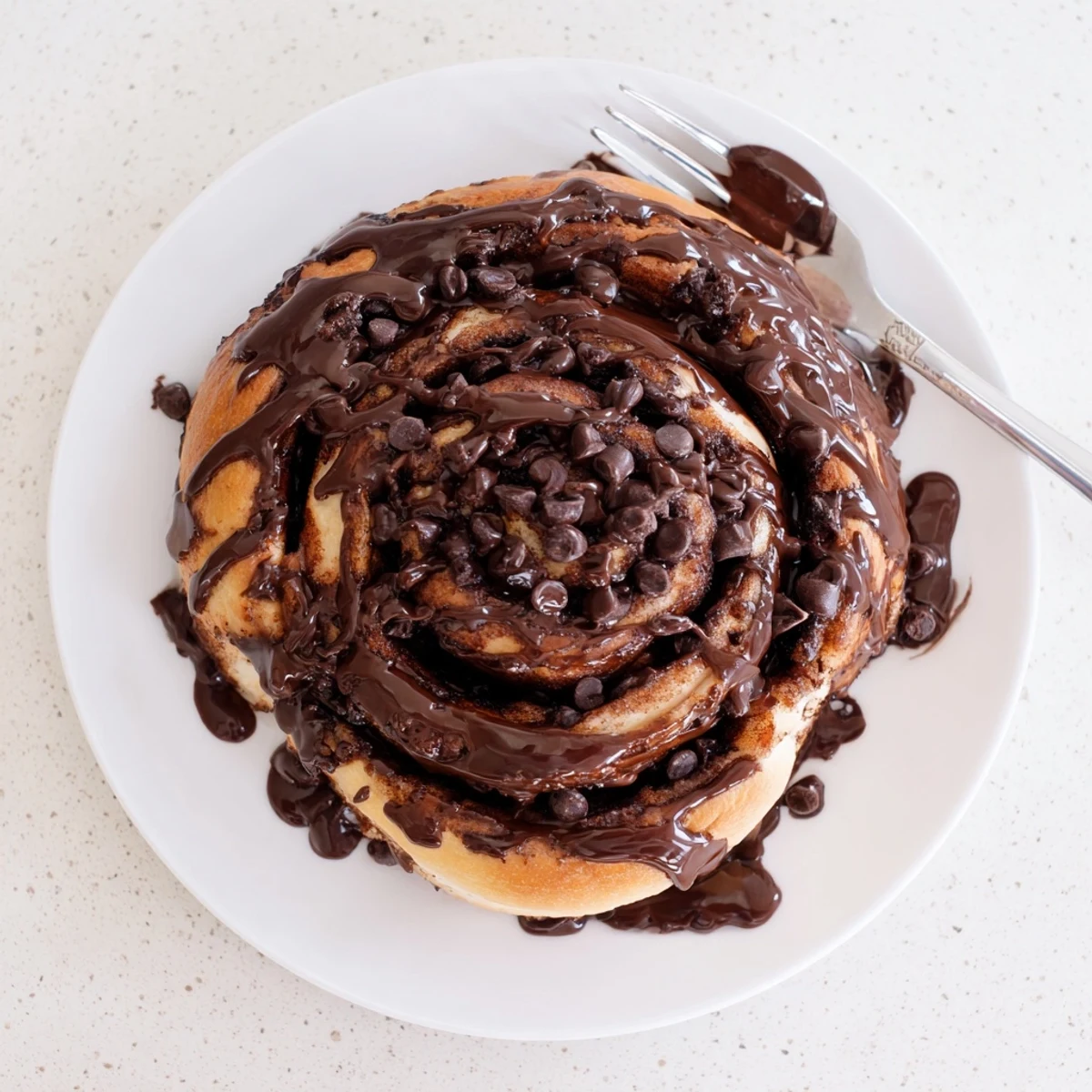 Freshly baked Double Chocolate Cinnamon Rolls drizzled with rich chocolate glaze on a rustic wooden board