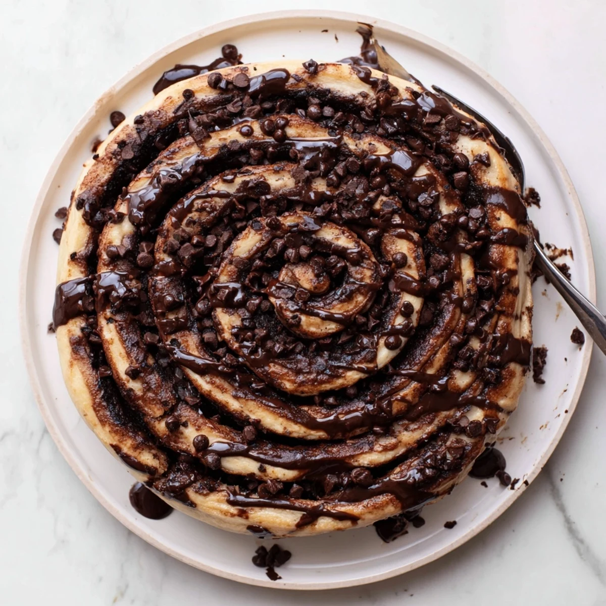 Warm Double Chocolate Cinnamon Rolls with spiraled chocolate cinnamon filling glazed while still steamy