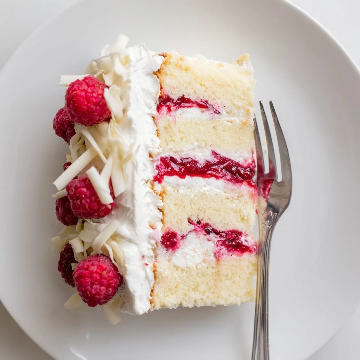 White chocolate raspberry cream cake slice revealing layers of fluffy vanilla sponge and tangy raspberry compote