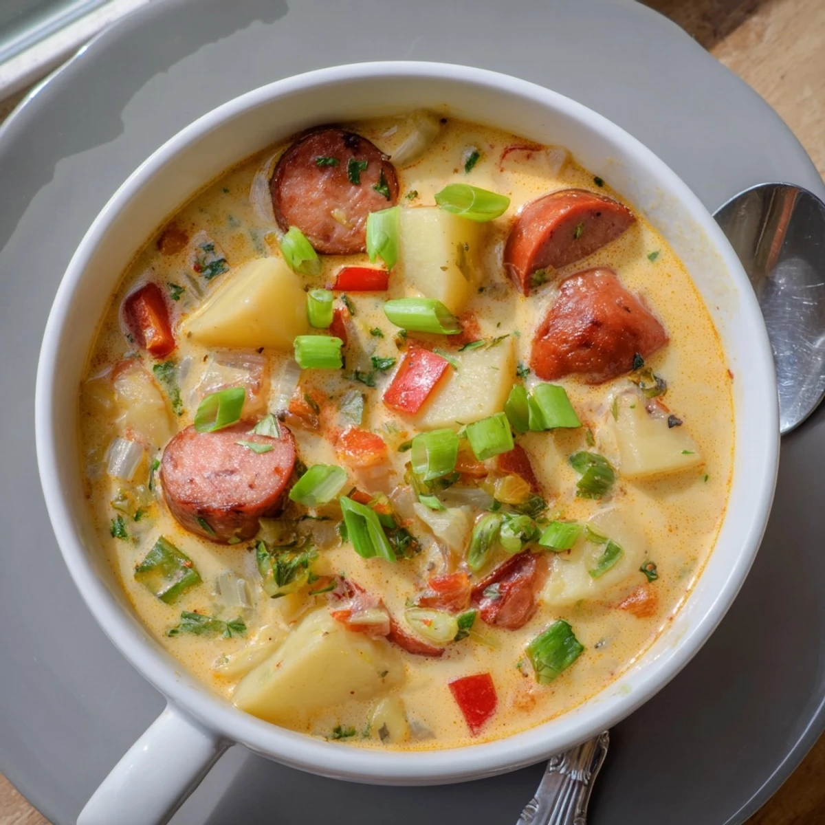 Hearty Cajun potato soup featuring tender russet potatoes and smoky andouille sausage with a creamy broth and parsley garnish