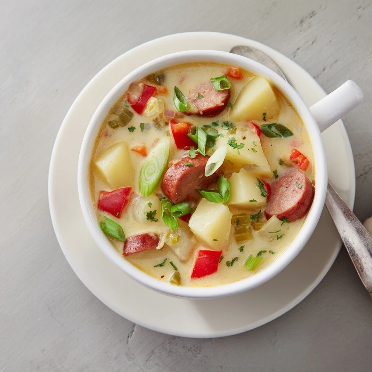 Creamy Cajun potato soup with sliced andouille sausage in a rustic white bowl topped with fresh green onion garnish