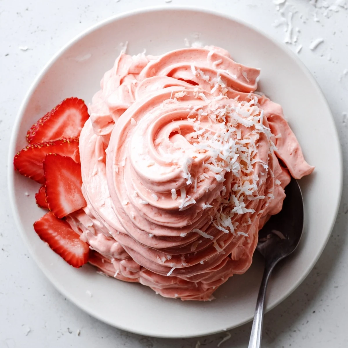 Vegan Frozen Strawberry Dole Whip Delight scooped into small white bowls with fresh strawberry slices on top
