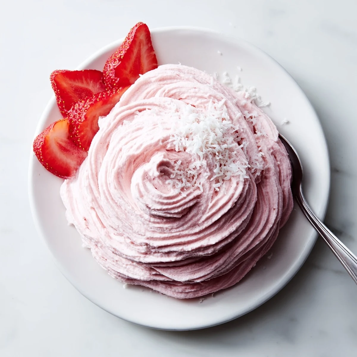 Soft serve style Frozen Strawberry Dole Whip Delight topped with toasted coconut flakes in a waffle cone