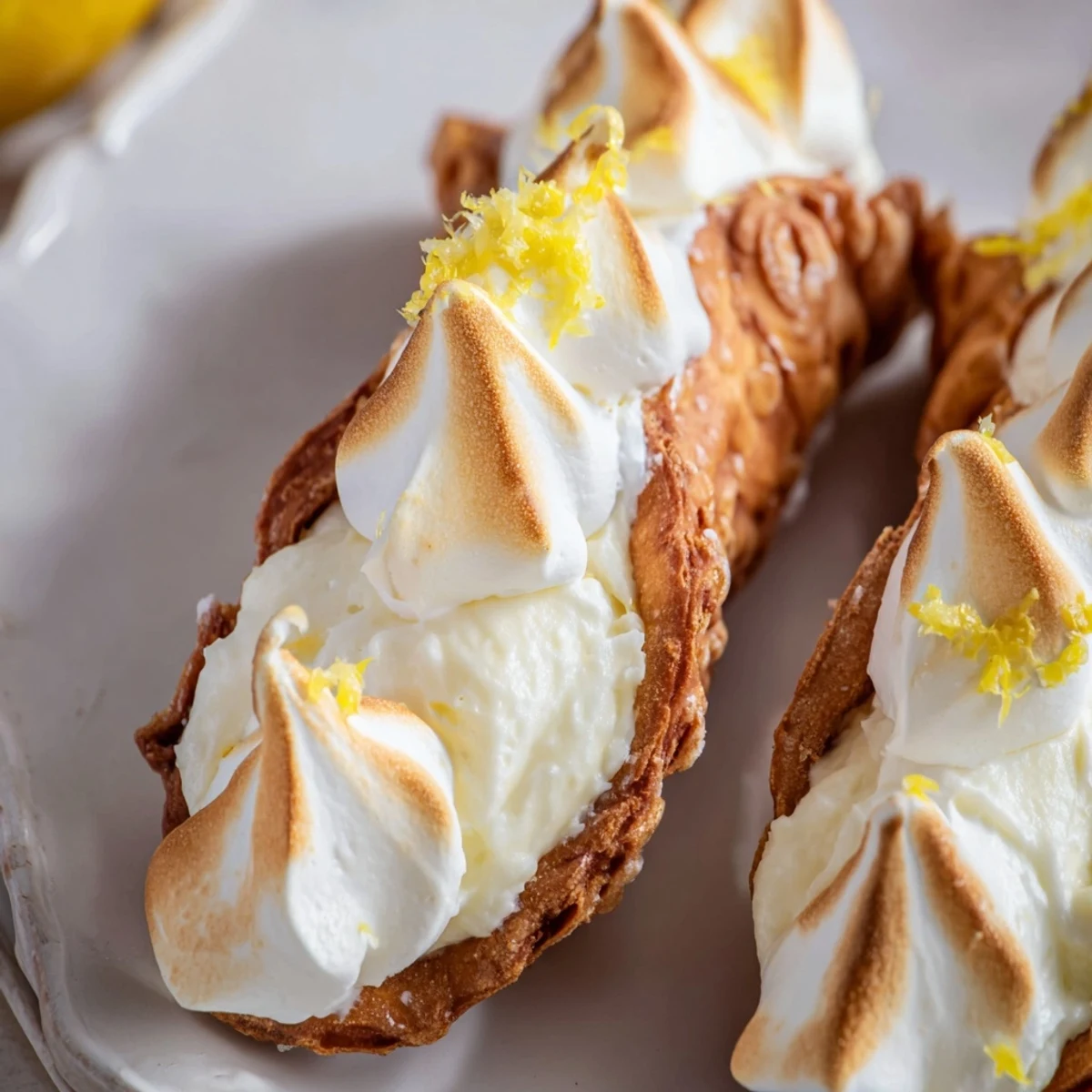 Crispy pastry shells stuffed with bright lemon cream and topped with pillowy meringue on these Easy Lemon Meringue Cannoli
