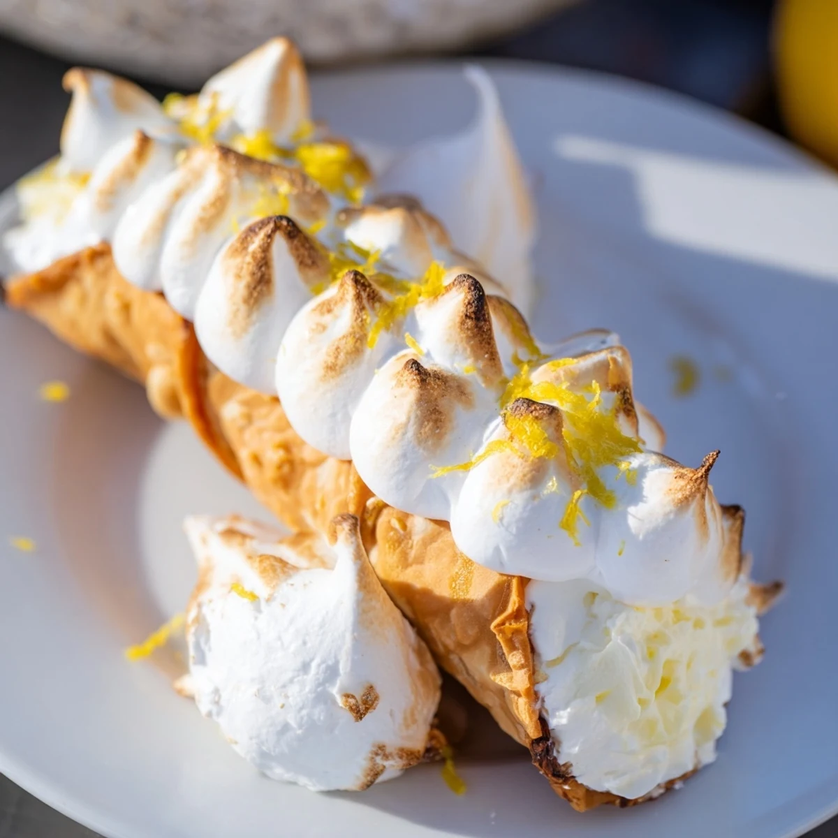Italian dessert reimagined as Easy Lemon Meringue Cannoli with whipped ricotta and torched peaks