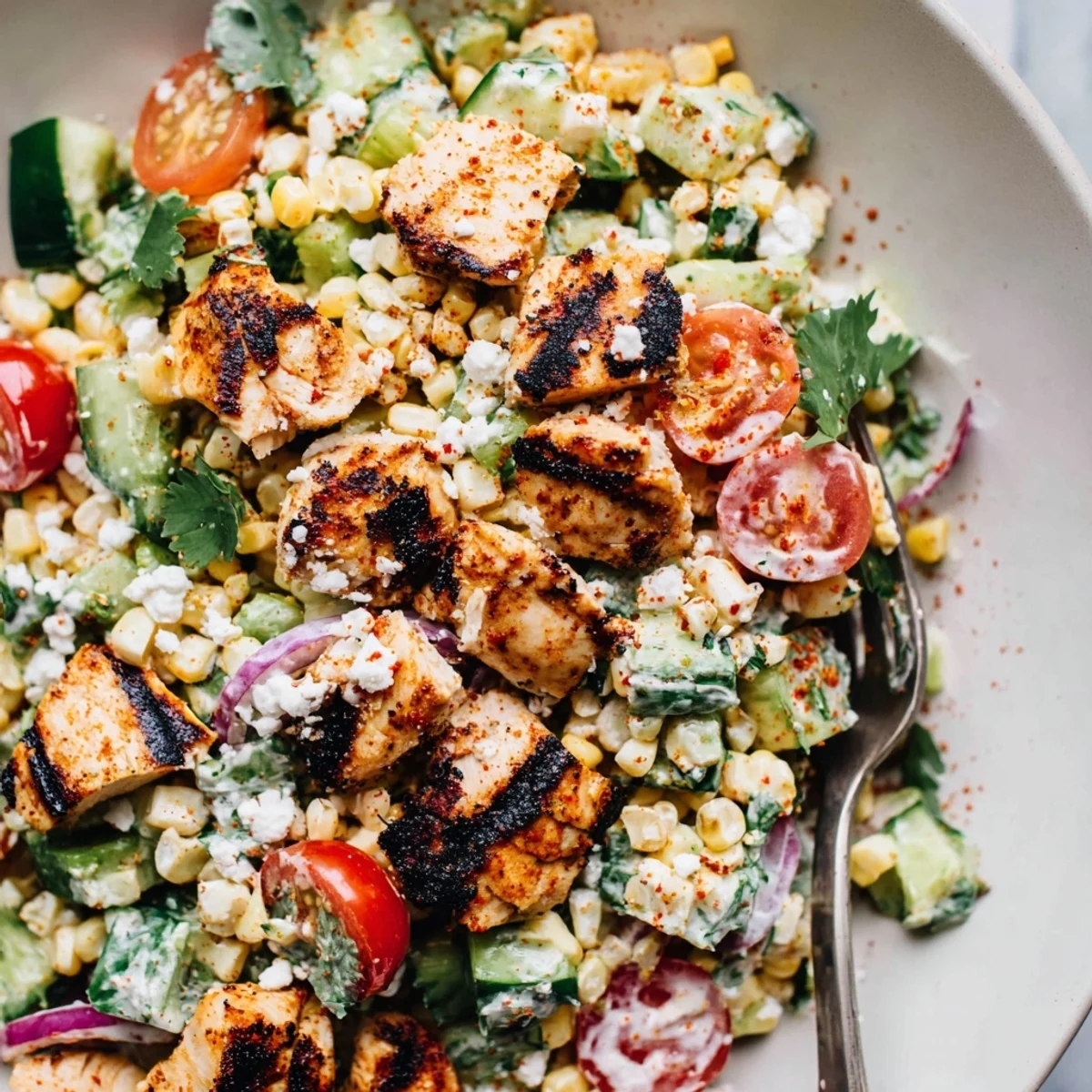 Vibrant bowl of street corn creamy cucumber chicken salad with grilled chicken pieces, charred corn kernels, crisp diced cucumbers, and cherry tomatoes coated in tangy white dressing
