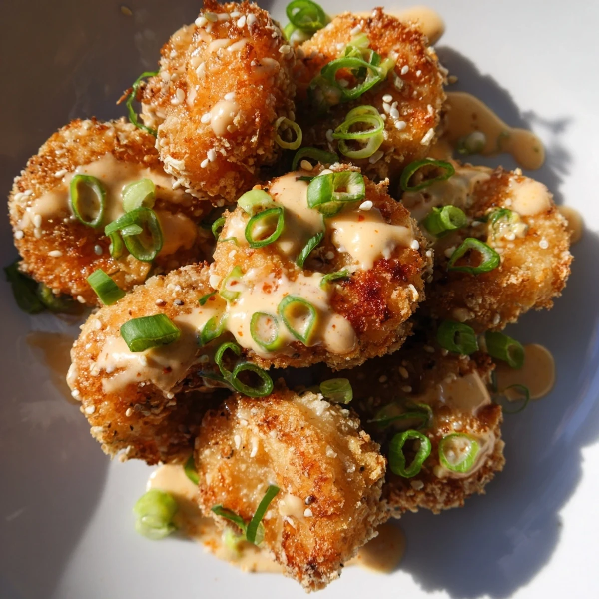 Golden crispy Bang Bang shrimp coated in creamy spicy sauce with green onions