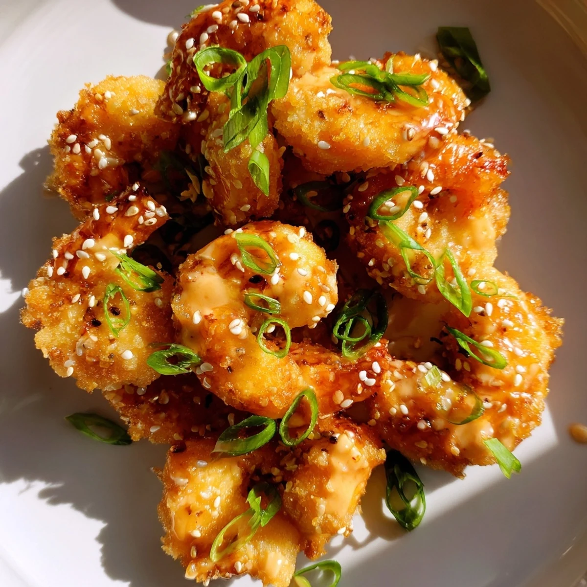 Platter of Bang Bang shrimp drizzled with sweet chili mayo sauce and sesame seeds