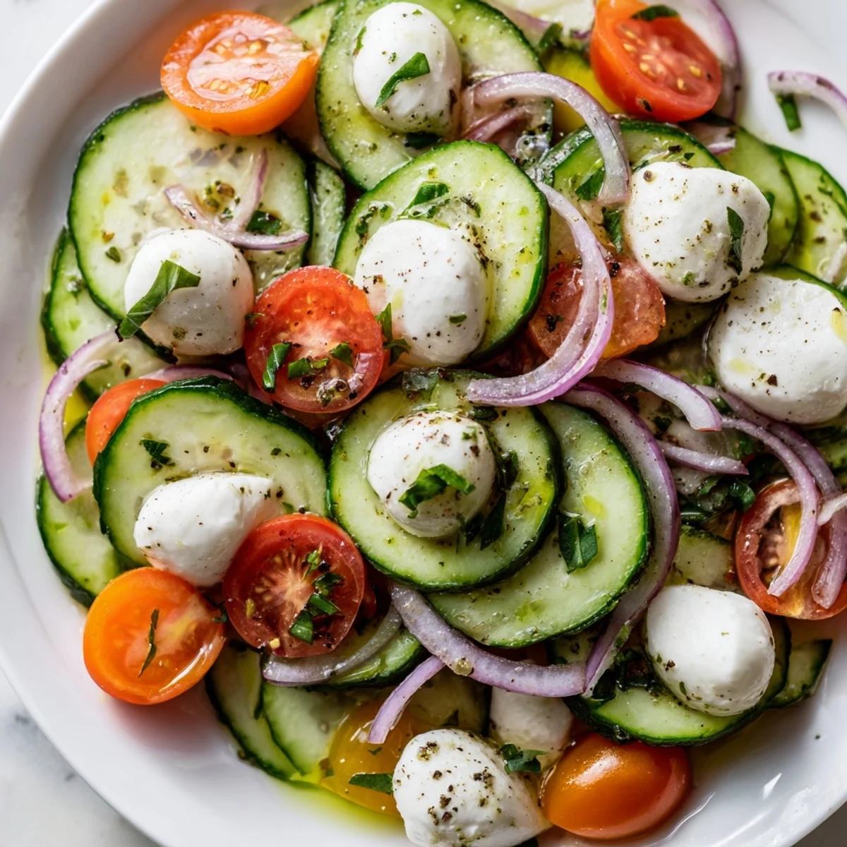 Fresh cucumber mozzarella salad bowl with cherry tomatoes and herbs drizzled with olive oil