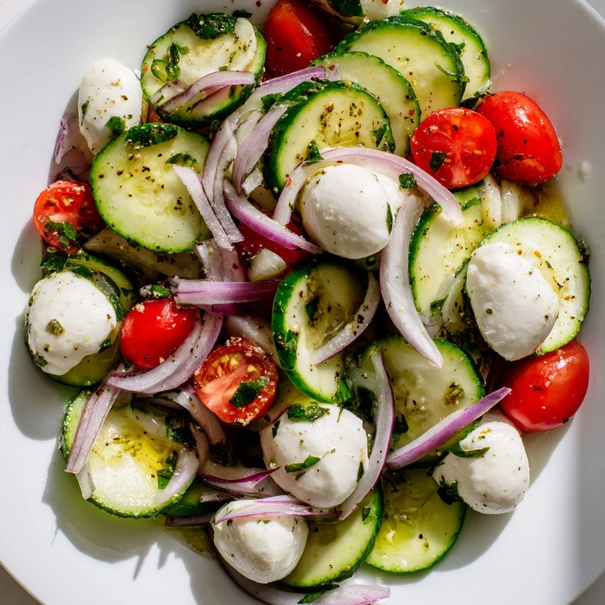 Vibrant summer cucumber mozzarella salad with cherry tomatoes, fresh basil, and tangy white wine vinegar