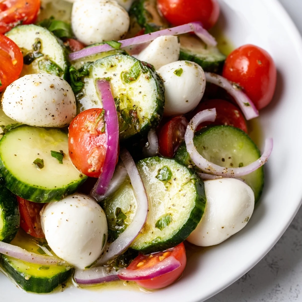 Mediterranean-style cucumber mozzarella salad featuring crisp vegetables and creamy bocconcini in light herb dressing