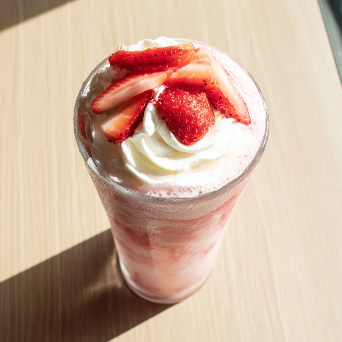 Tall glass of refreshing strawberry cream Frappuccino topped with whipped cream and fresh strawberry slices