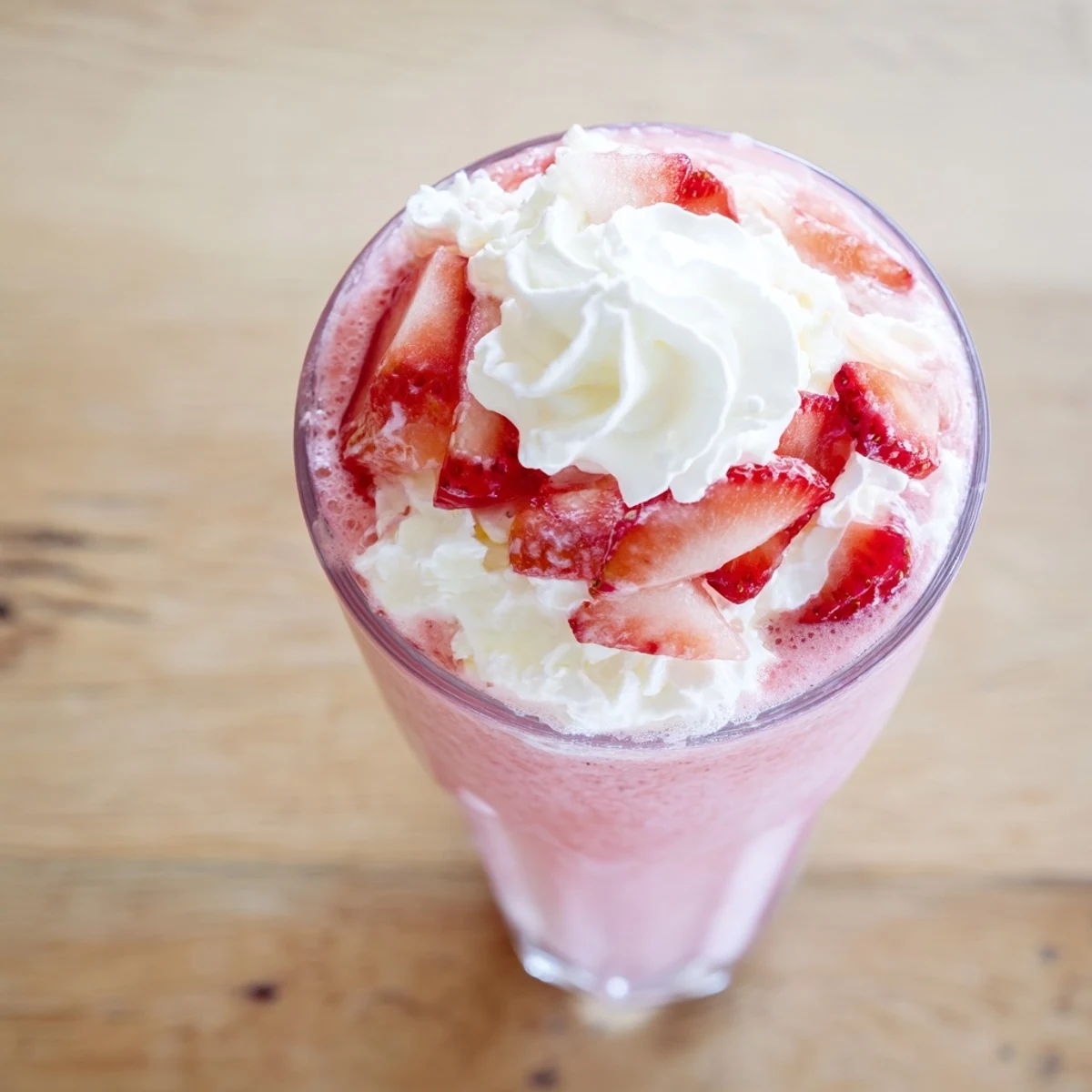 Pink ice-cold strawberry cream Frappuccino with frothy white layers and garnished strawberries on top