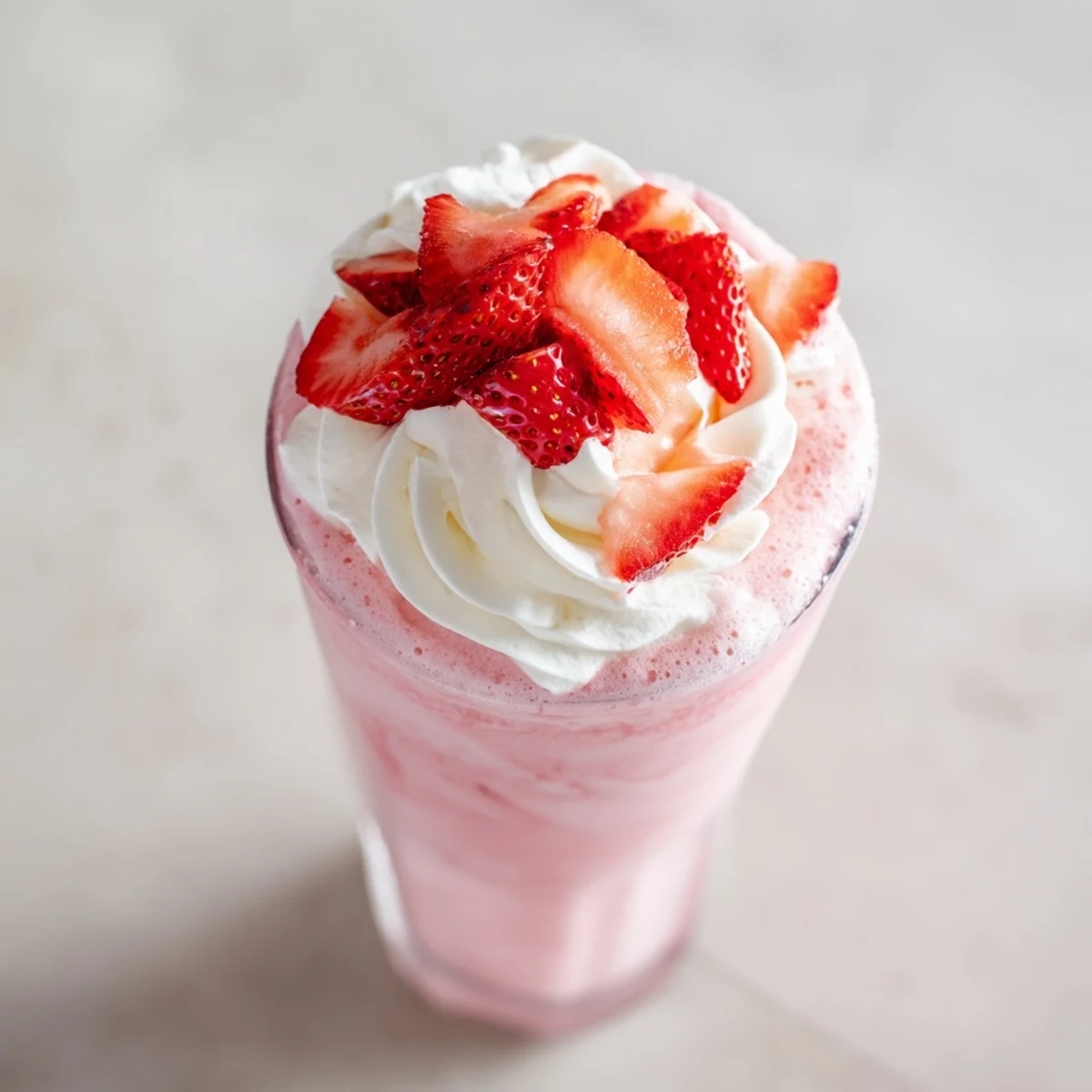Thick blended strawberry cream Frappuccino served in a clear glass with ice and dairy cream