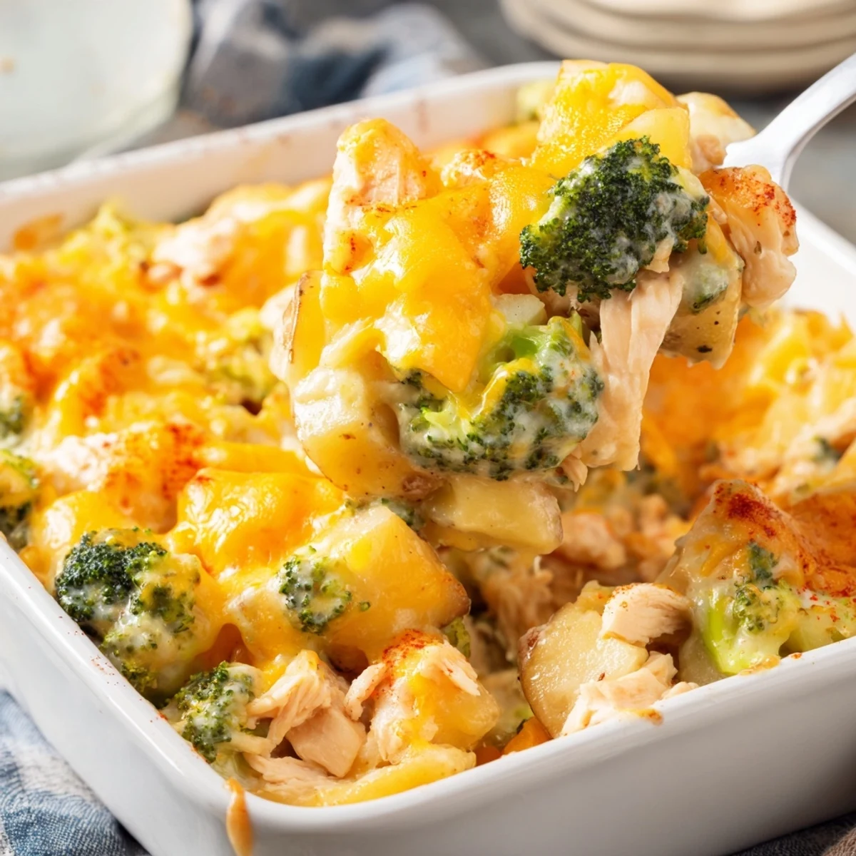 Golden baked potato chicken broccoli casserole with melted cheddar cheese topping in a ceramic dish