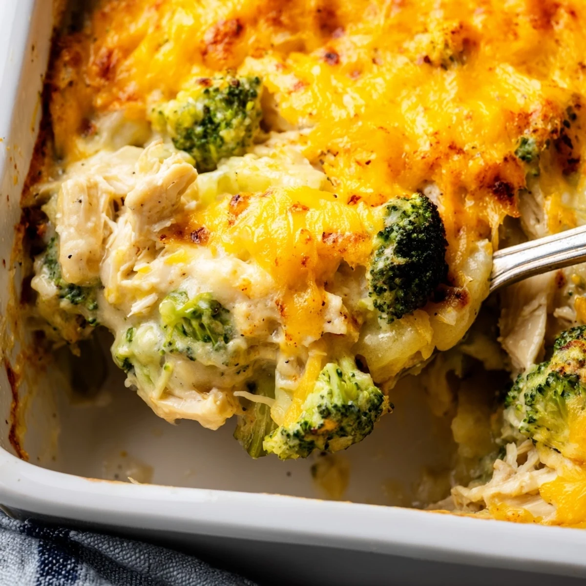 Hearty comfort food casserole baked to golden perfection with cheesy sauce coating chicken, broccoli, and potatoes