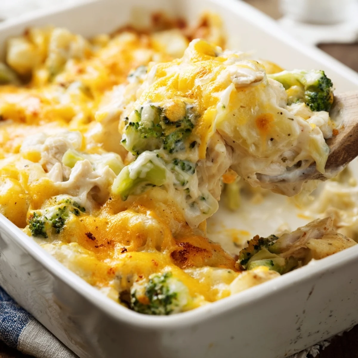Creamy gluten-free casserole featuring tender chicken chunks, diced potatoes, and vibrant green broccoli florets bubbling hot