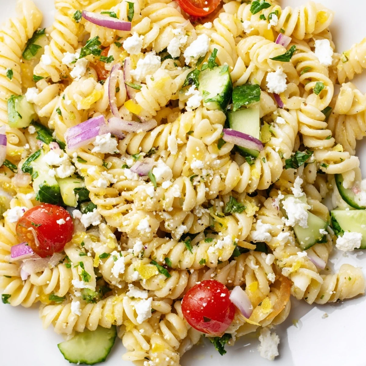 Vibrant lemon pasta salad with fresh vegetables and herbs in a white serving bowl