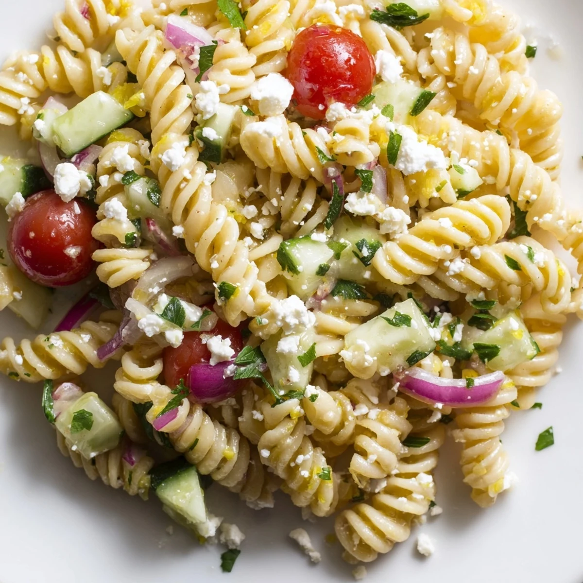 Refreshing lemon pasta salad showcasing cherry tomatoes cucumber and tangy citrus dressing
