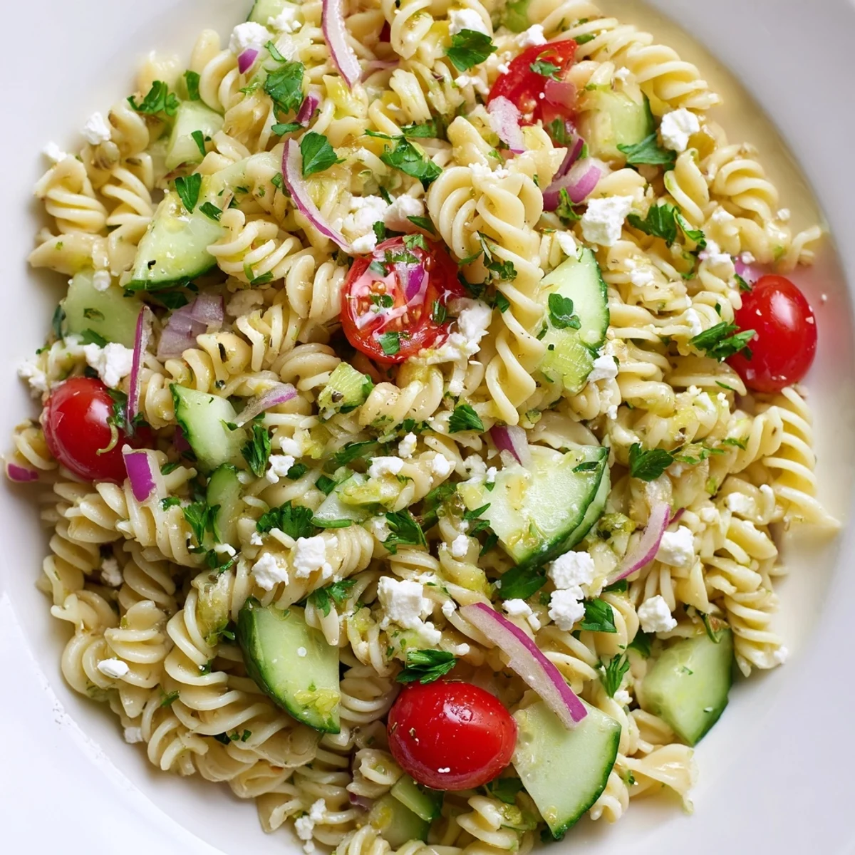 Close-up of zesty lemon pasta salad with feta cheese and fresh summer herbs