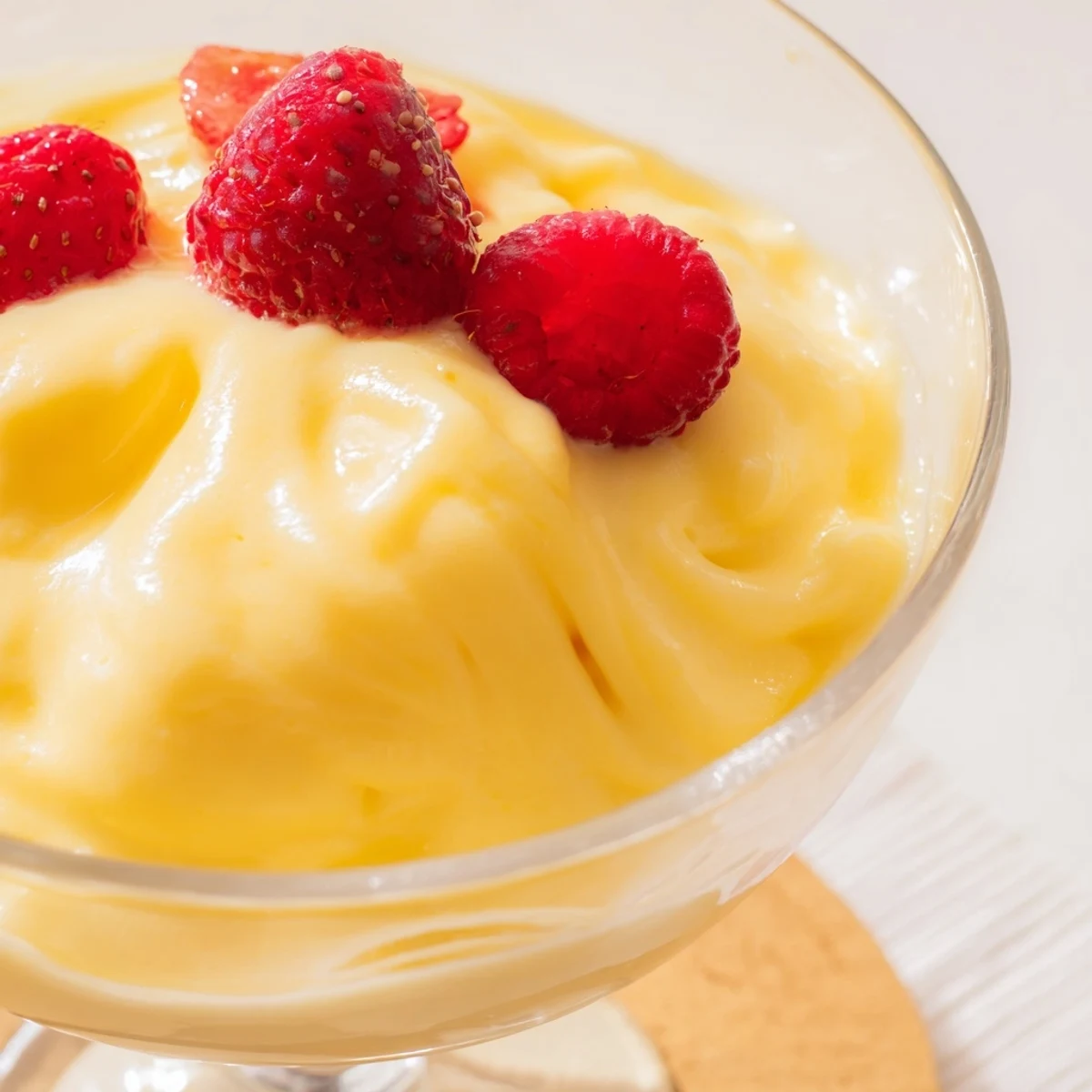 Creamy golden zabaglione custard spooned into elegant glass cups topped with fresh red berries