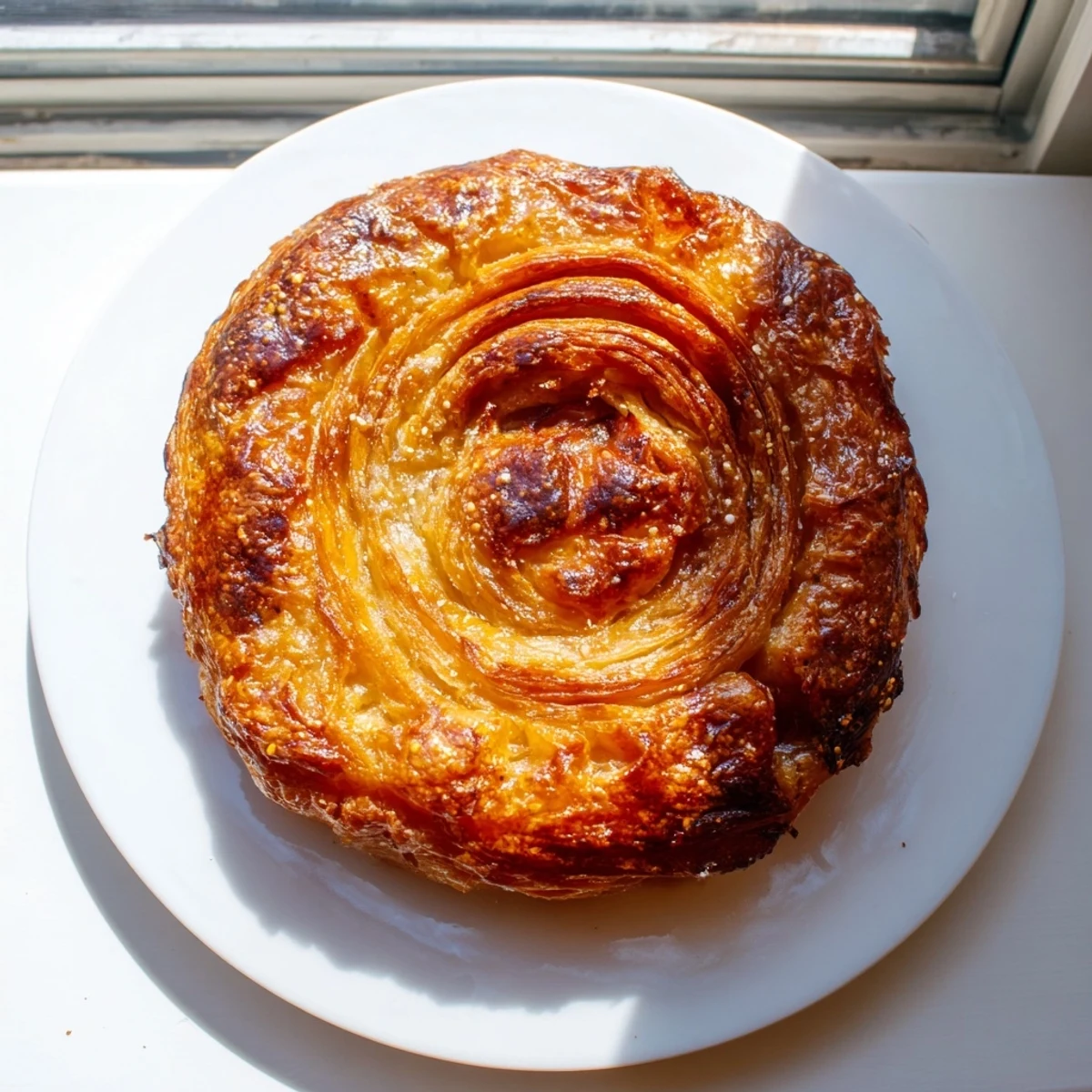 Golden caramelized kouign amann pastry with crisp sugared crust and flaky buttery layers