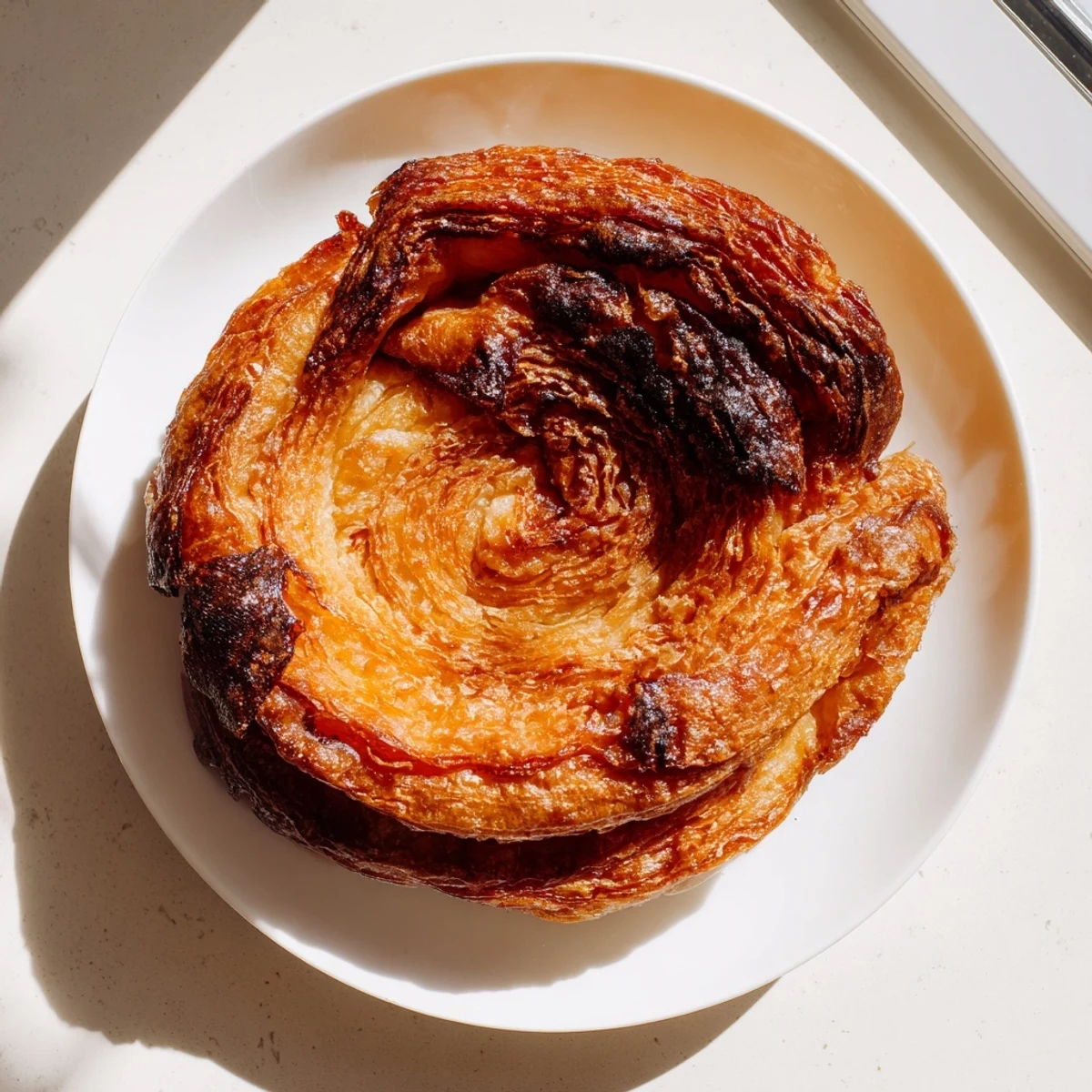Kouign amann baked until deep golden brown with tender honeycomb interior and caramelized edges