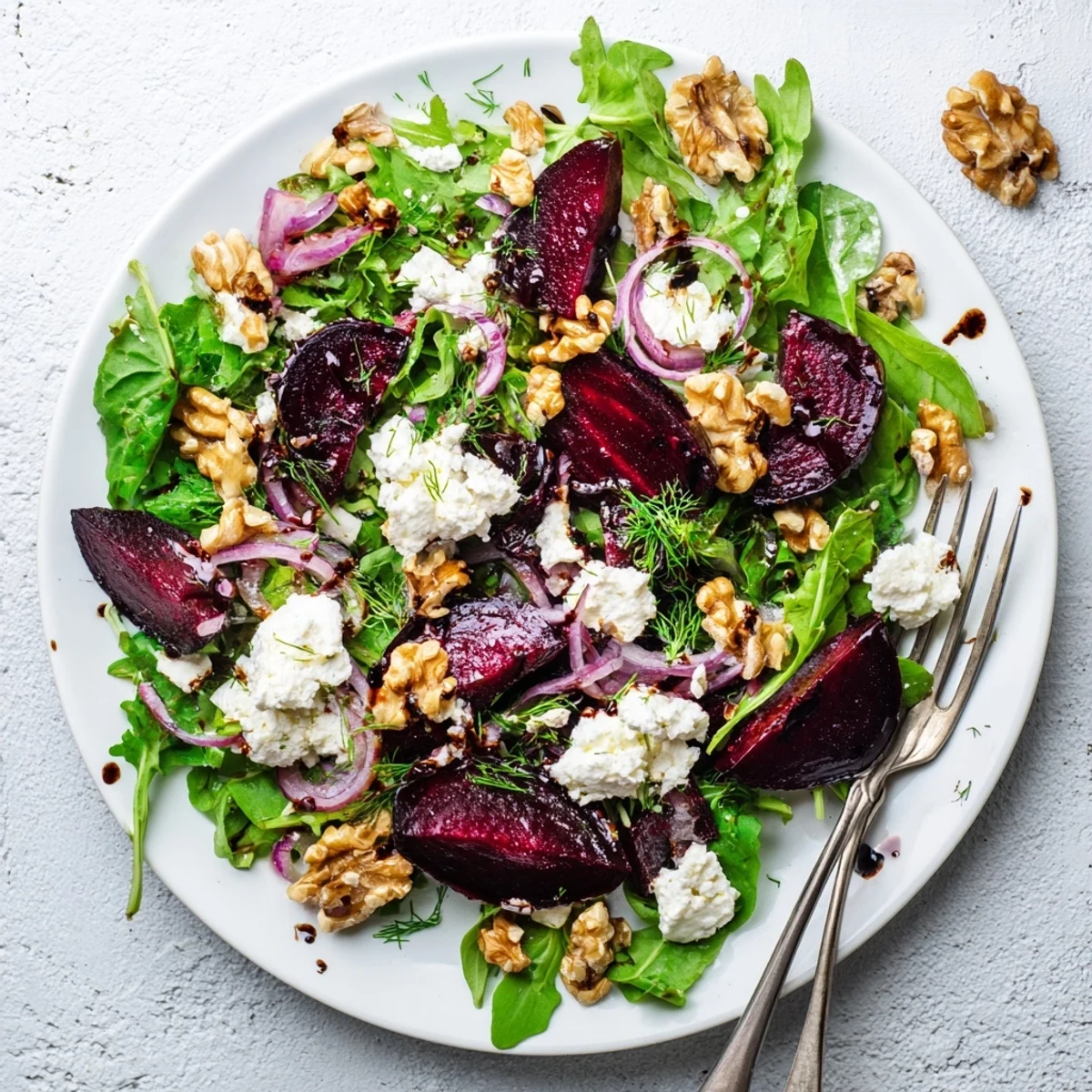 Colorful ultimate beet salad featuring roasted red beets, goat cheese, and toasted walnuts on mixed greens