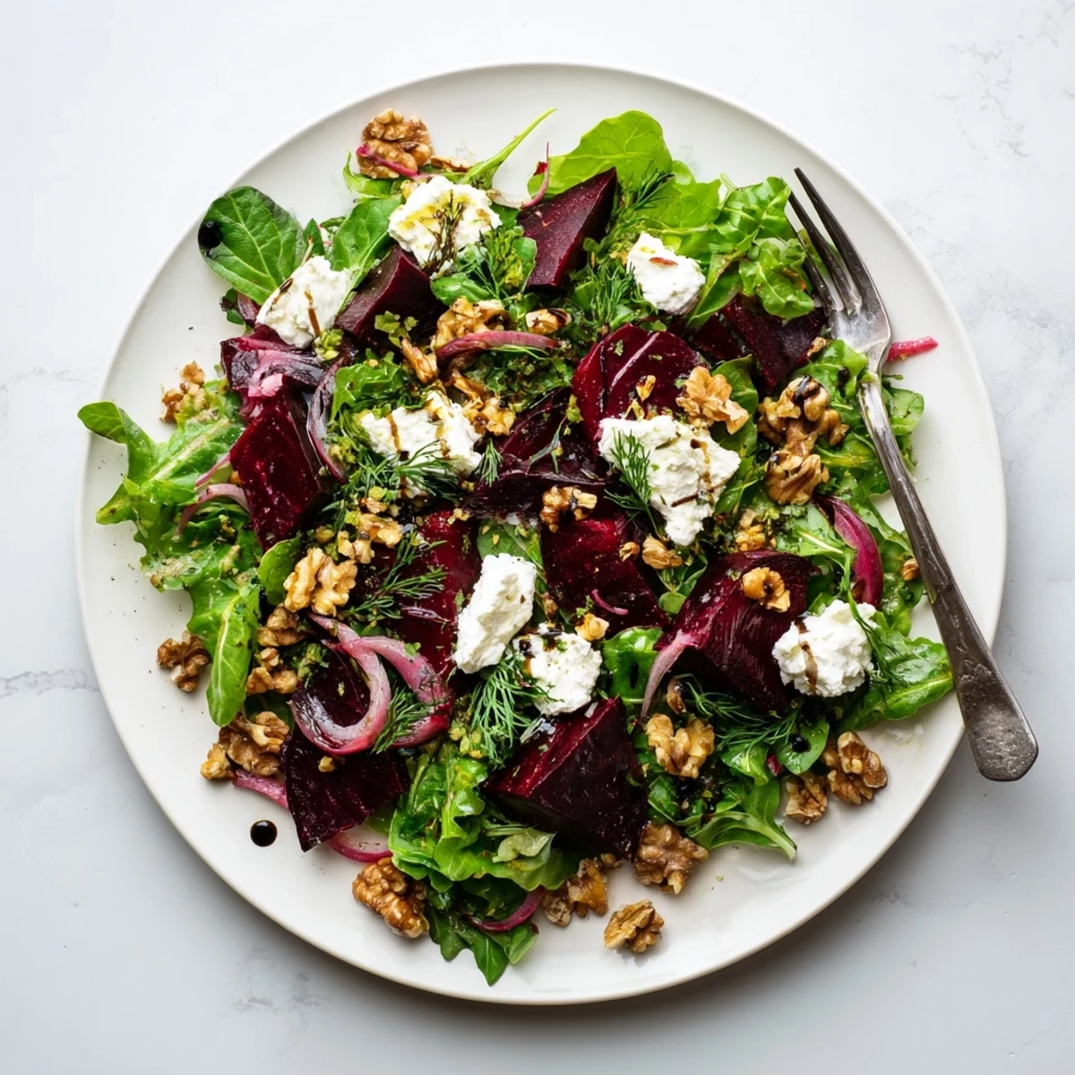 Ultimate beet salad close-up showing tender roasted beets alongside creamy cheese and crunchy walnuts