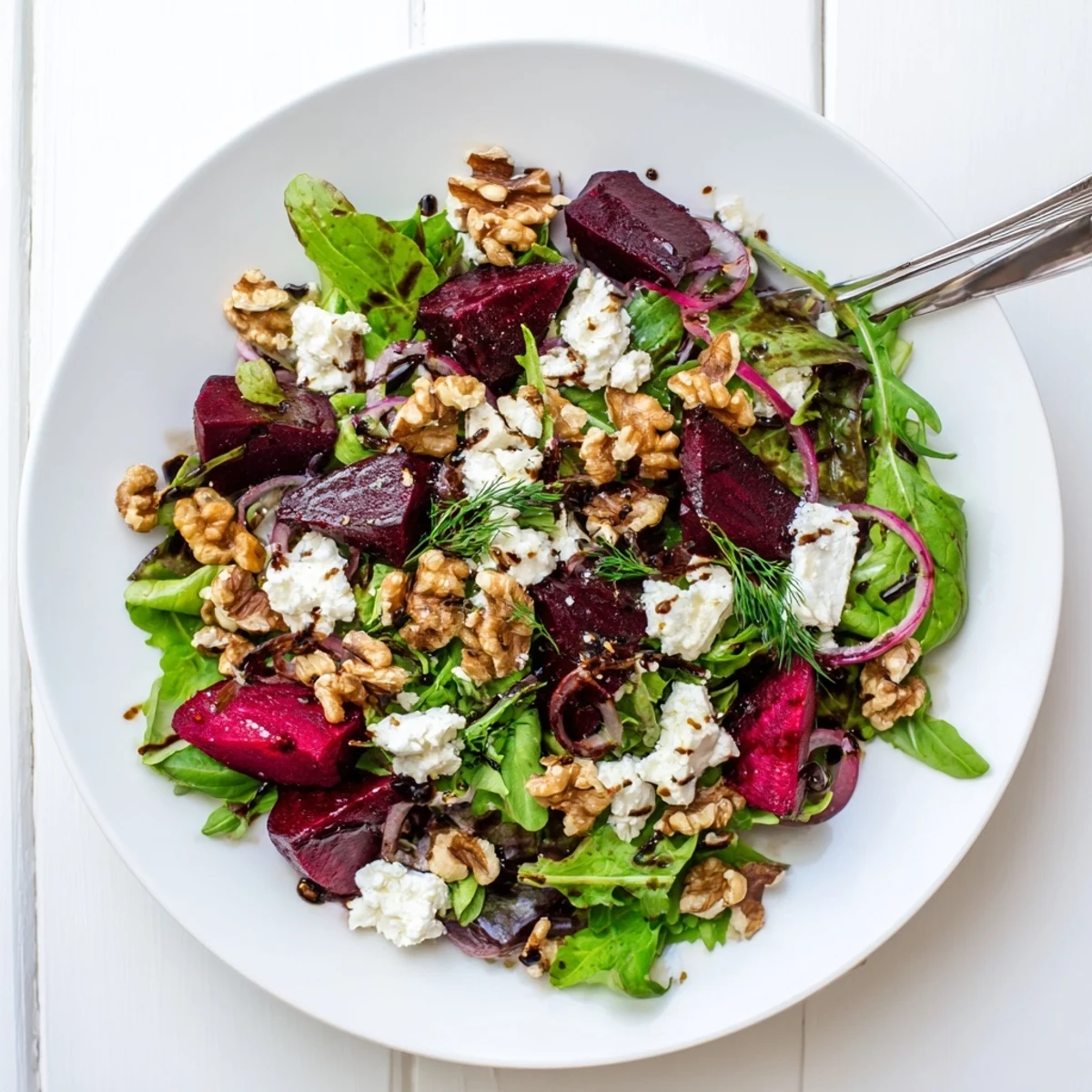 Fresh ultimate beet salad arranged with arugula, crumbled goat cheese, and balsamic vinaigrette in serving bowl