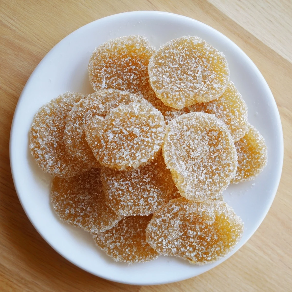 Golden translucent homemade candied ginger slices coated in sparkling white sugar on a wire rack