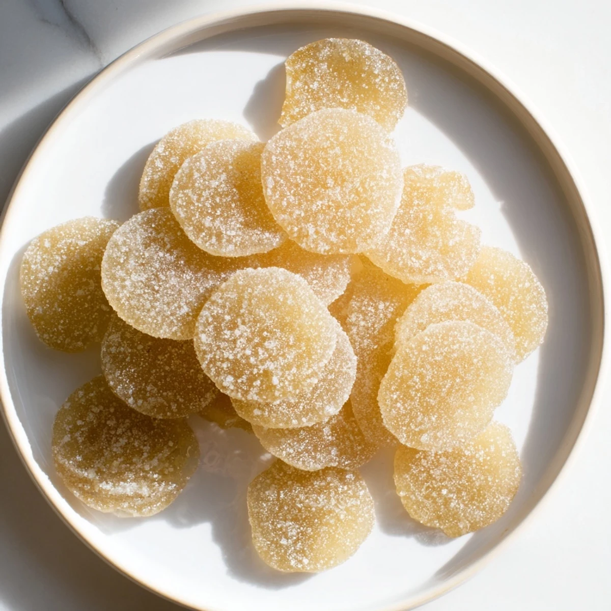 Fresh ginger rounds simmered to tender perfection then dusted with sugar for homemade candied ginger