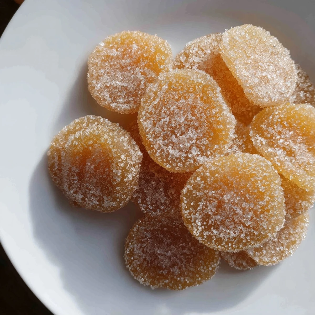 Chewy sweet and spicy candied ginger pieces piled high with a crystallized sugar coating