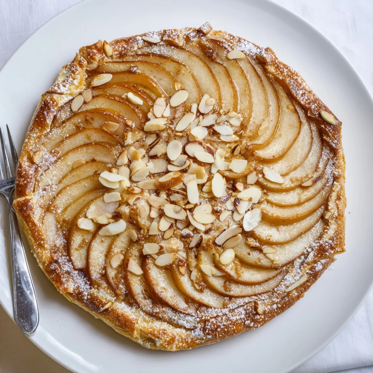 Individual pear tarts with cinnamon spiced fruit on buttery golden puff pastry