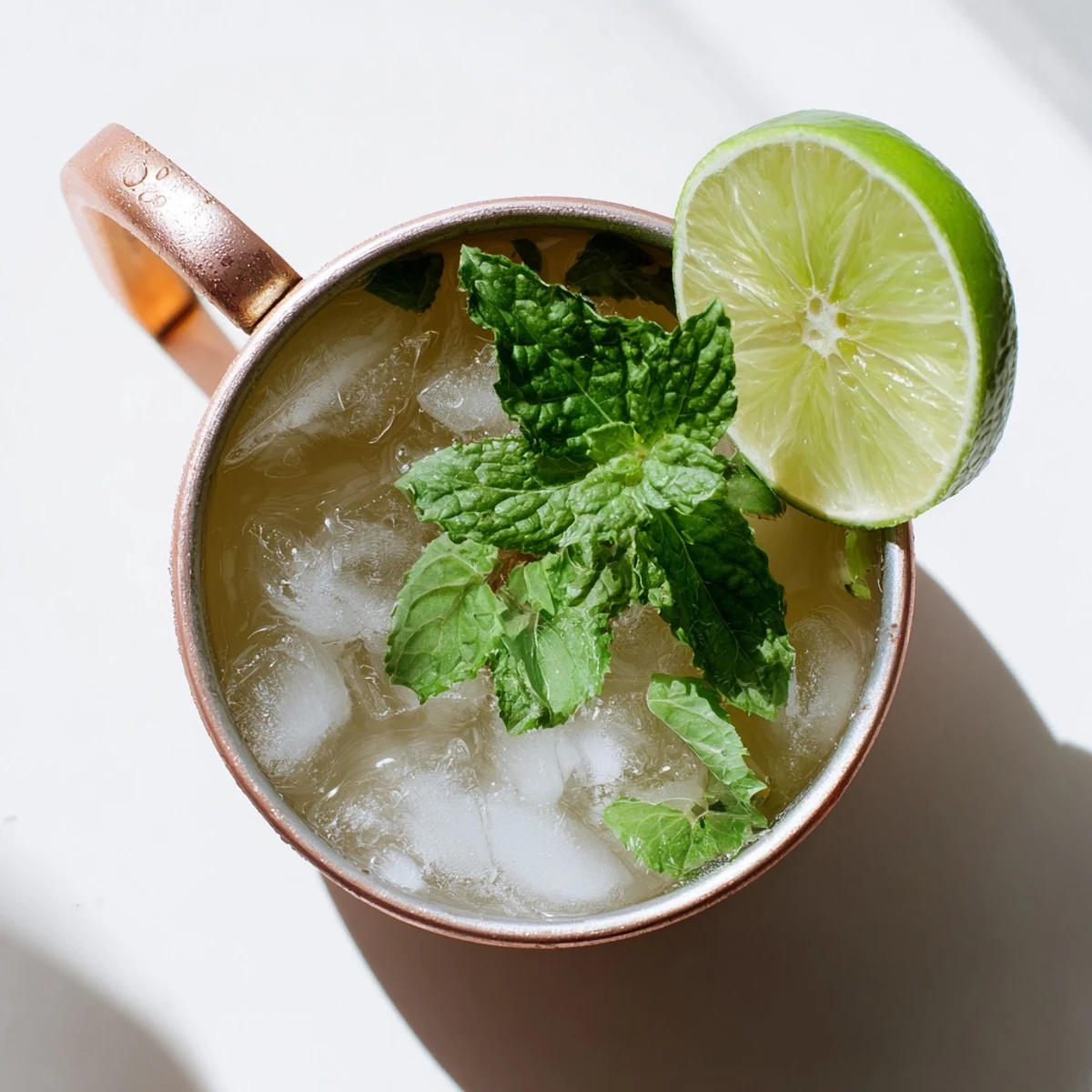 Copper mug filled with virgin Moscow Mule featuring ginger beer, fresh lime wedge, and mint garnish