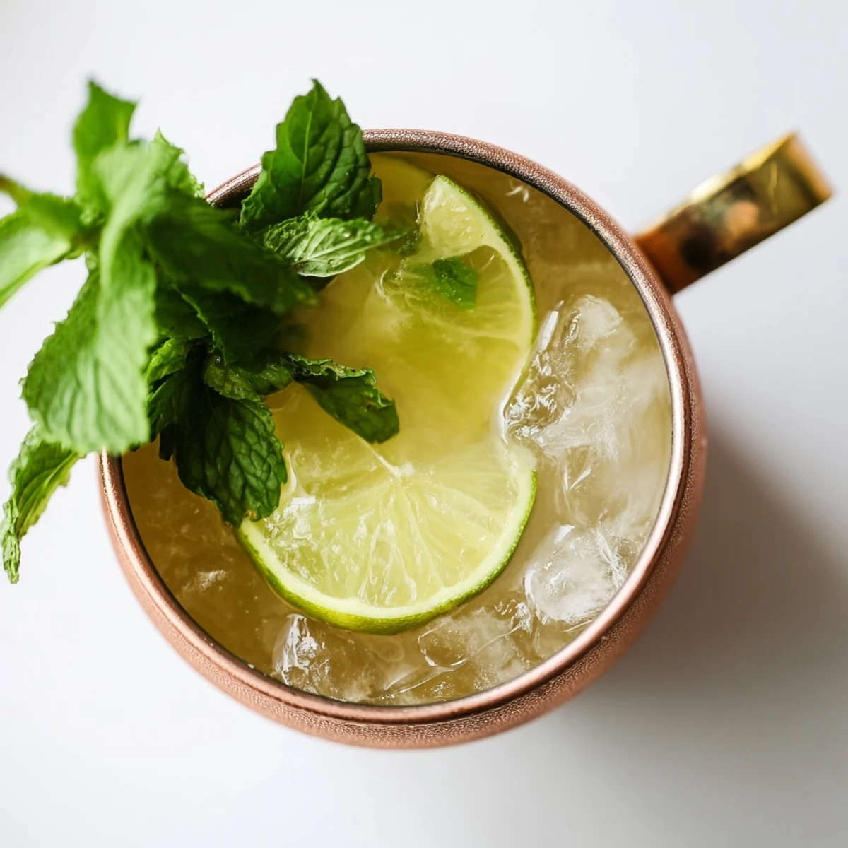 Golden virgin Moscow Mule with bubbly ginger beer, zesty lime, and fresh mint sprig
