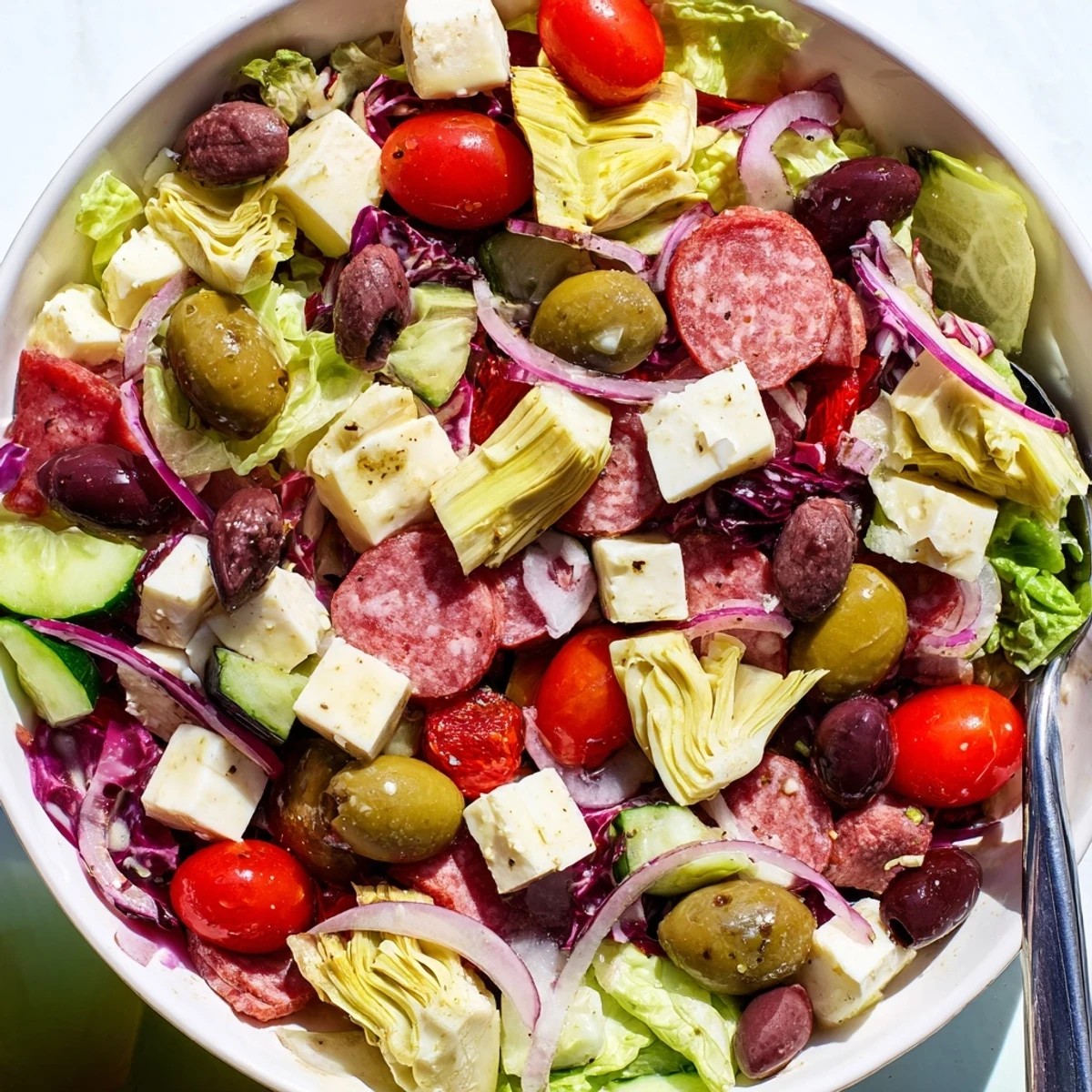 Fresh Antipasti Chopped Salad with cherry tomatoes, artichokes, and roasted peppers layered in a glass serving bowl